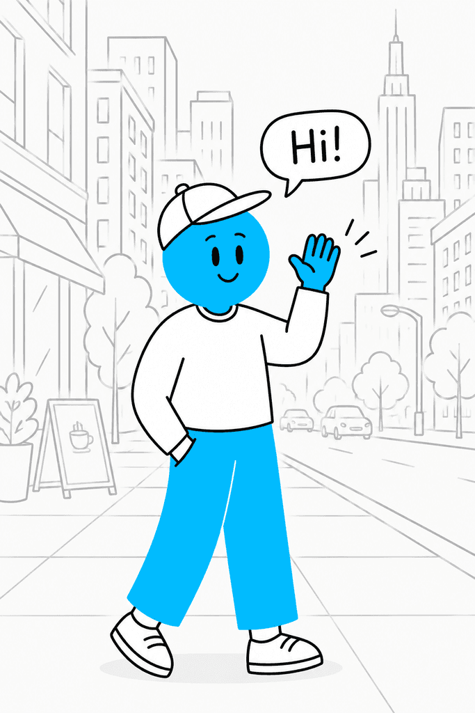 Illustrated character waving and saying Hi!